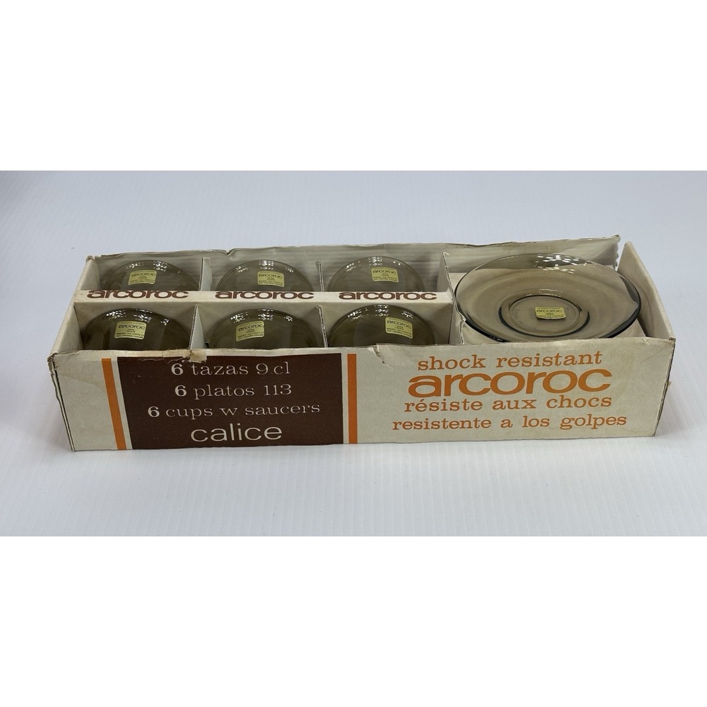 Vintage Arcoroc Smoked Glass (6) Cups & Saucers Set New In Original Box 12 Pc